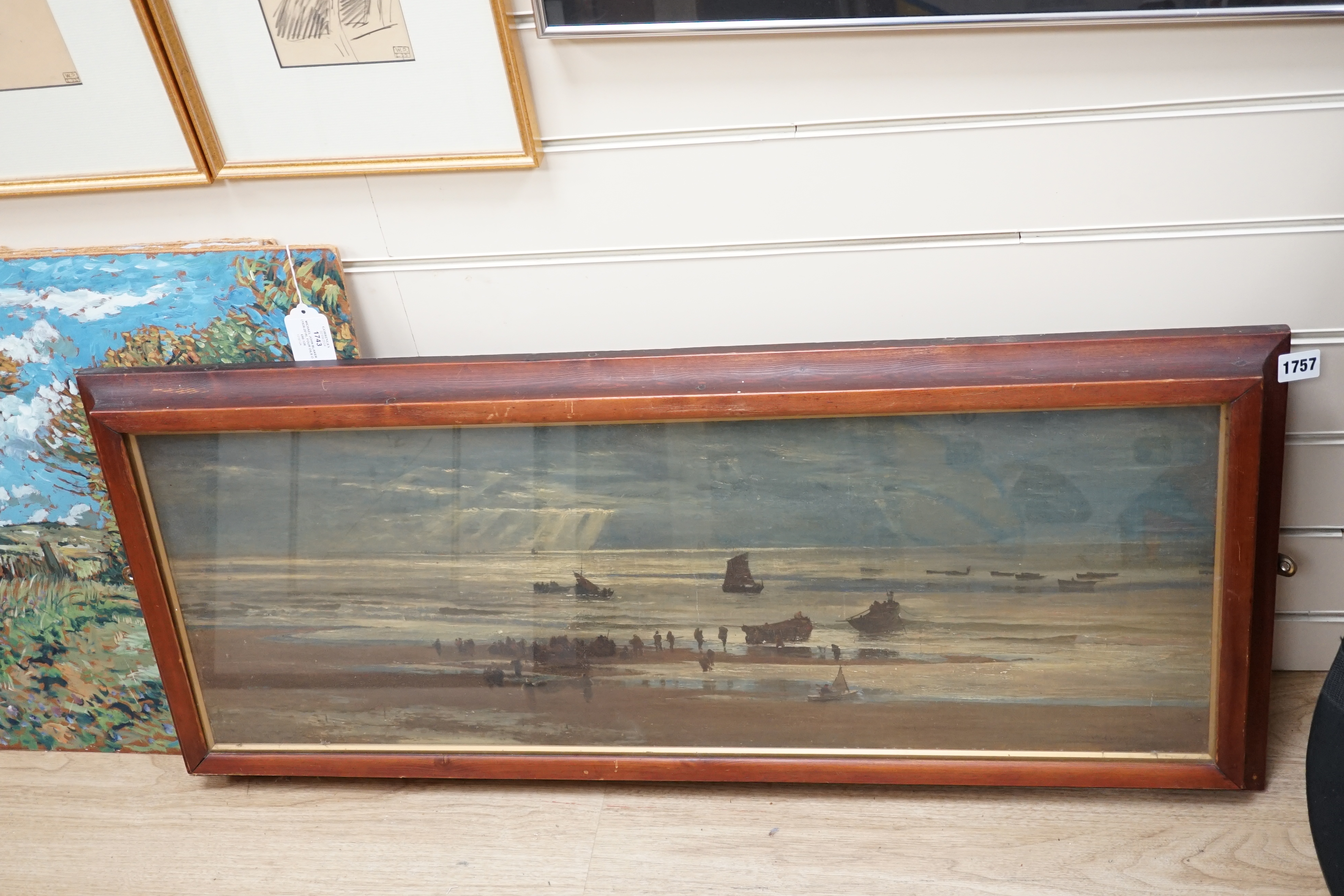 Manner of William Lionel Wyllie (1851-1931), oil on canvas, Panoramic coastal view with fishing boats, bears signature, 31 x 86cm. Condition - poor to fair